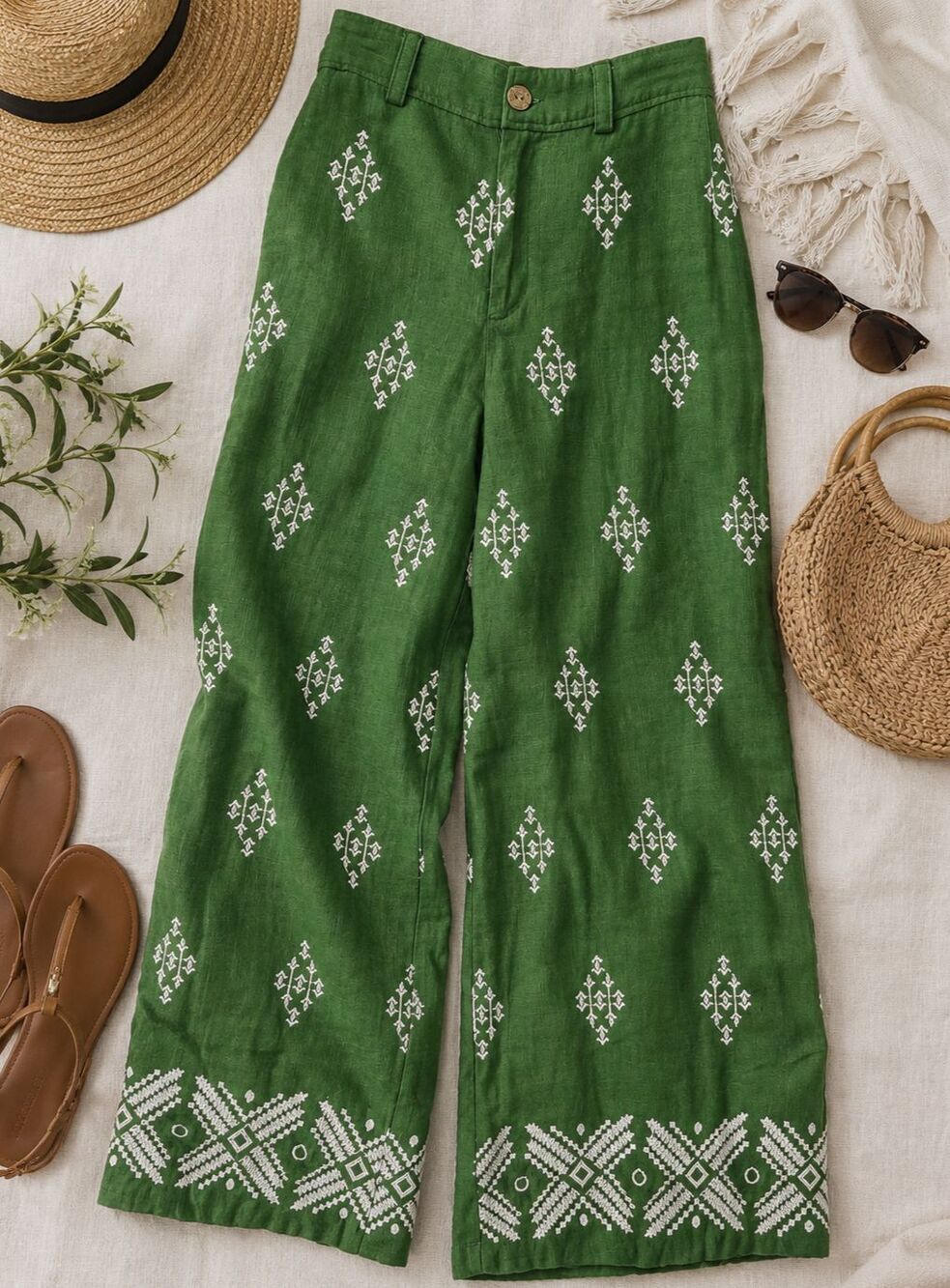 Haute Hippie Green Linen Blend Embroidered Wide Leg Pants | Size 2 | Like New! - Picture 7 of 11